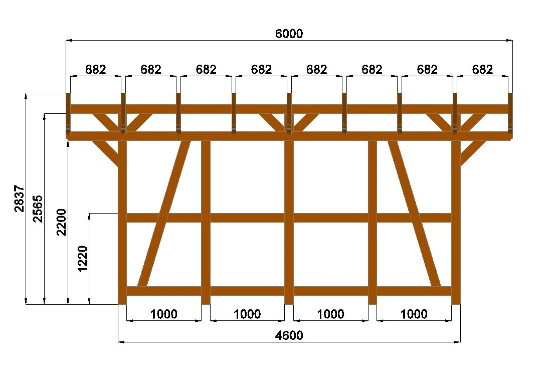 Verzapfter Holzcarport 6,00 × 3,96 m – Grundgestell – Produktbild / technische Ansicht 4