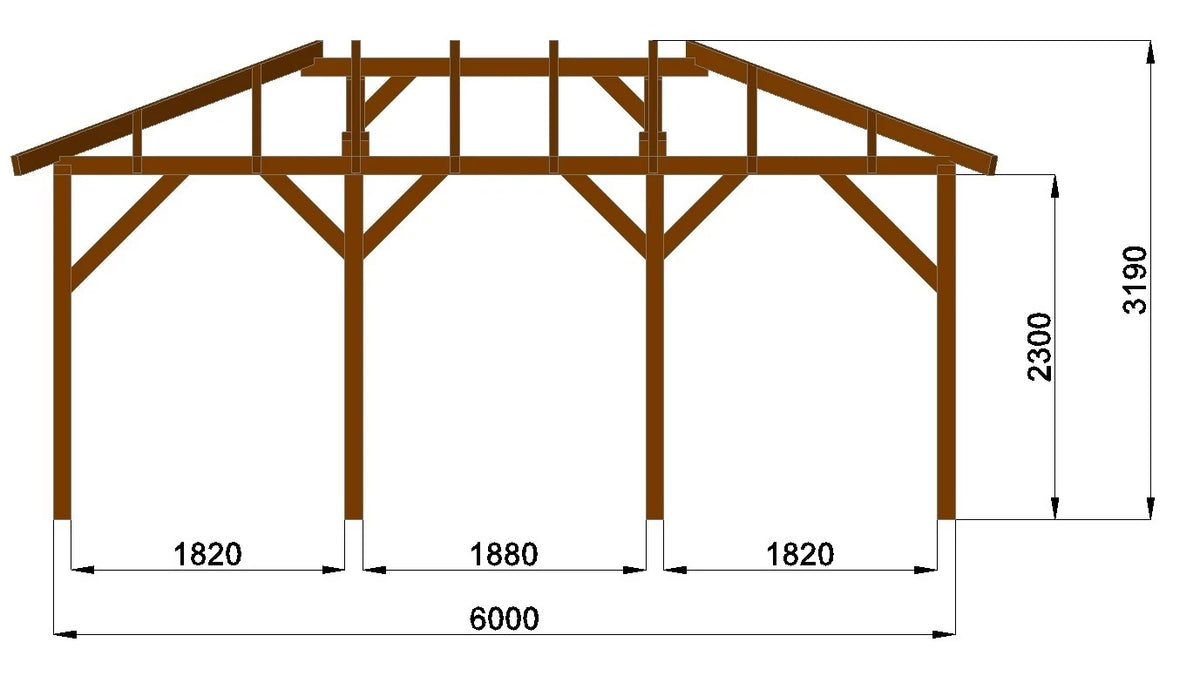 Verzapfter Holzcarport Walmdach 6,00 × 4,06 m – Grundgestell – Produktbild / technische Ansicht 7