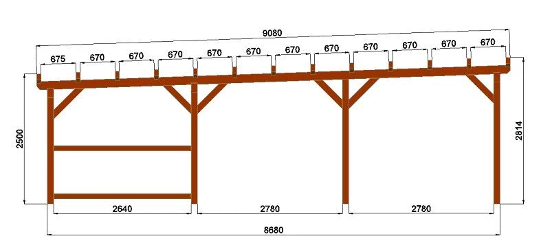 Verzapfter Holzcarport mit Geräteschuppen 9,00 × 4,50 m – Produktbild / technische Ansicht 3