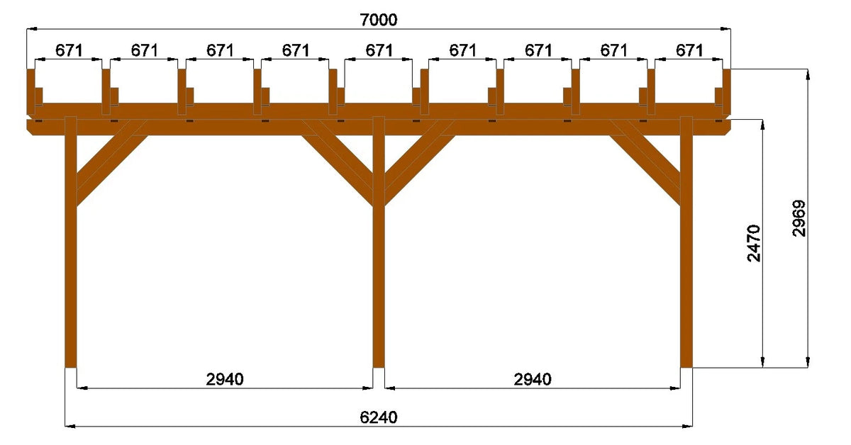 Verzapfter Doppelcarport 7,00 × 5,00 m aus KVH – Produktbild / technische Ansicht 4