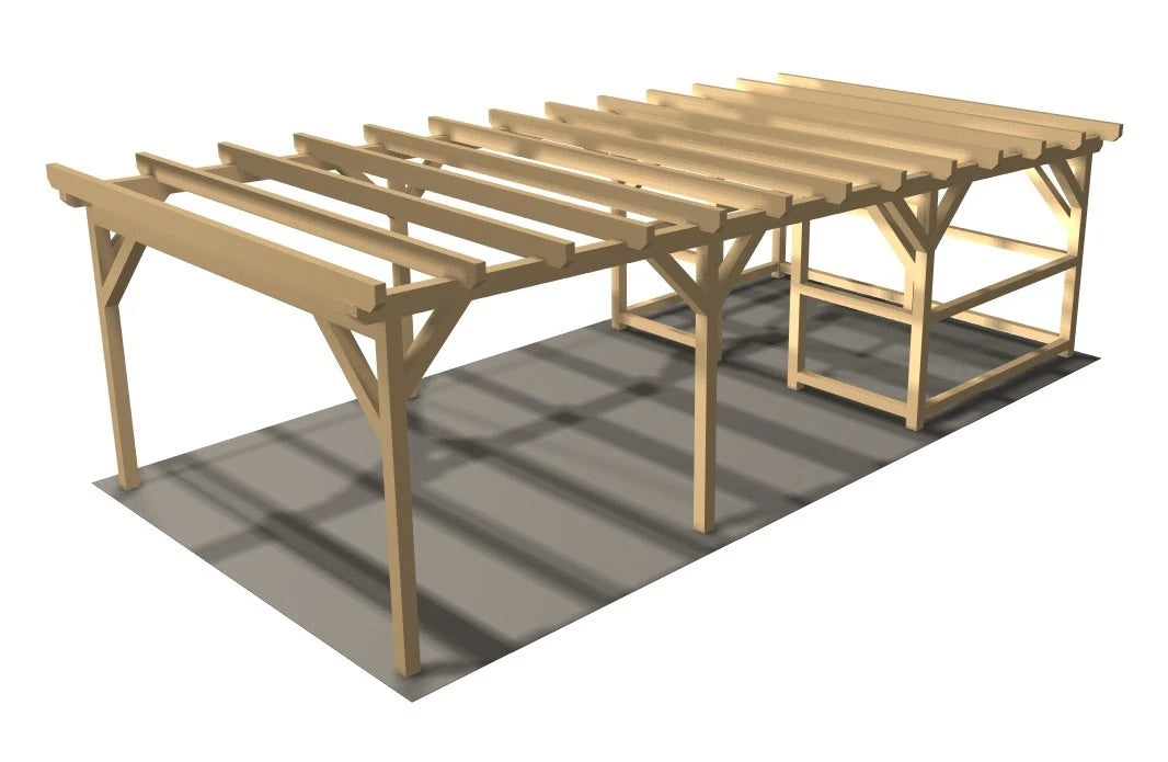 Verzapfter Holzcarport mit Geräteschuppen 9,00 × 4,50 m