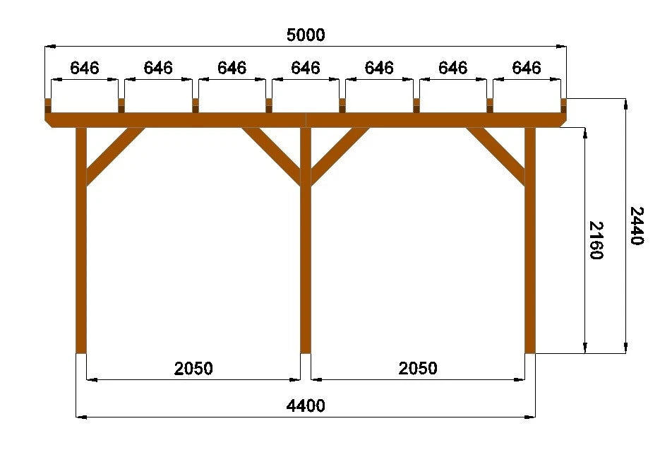 Kompakter Holzcarport 5,00 × 3,20 m – Grundgestell – Produktbild / technische Ansicht 3