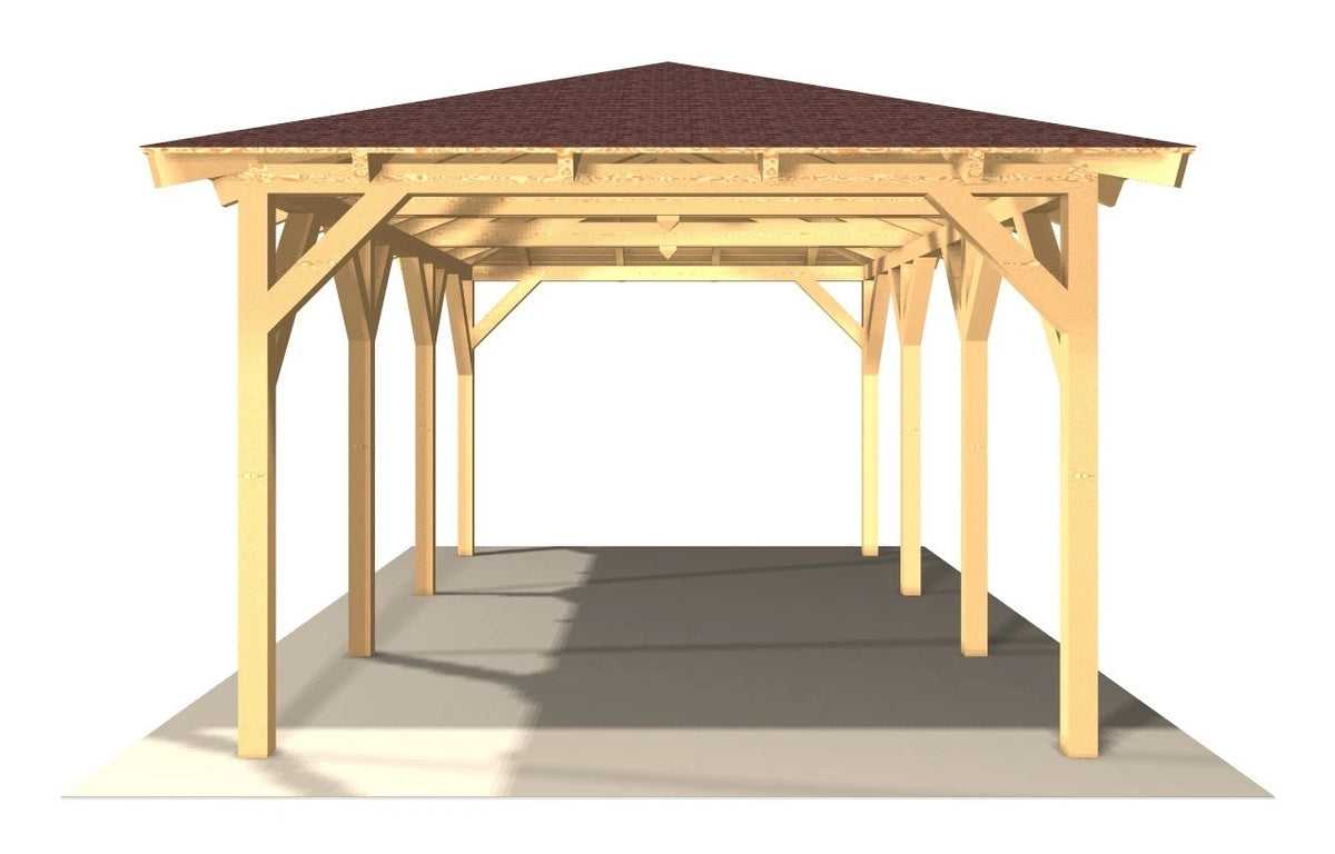 Verzapfter Holzcarport Walmdach 6,00 × 4,06 m – Grundgestell – Produktbild / technische Ansicht 4
