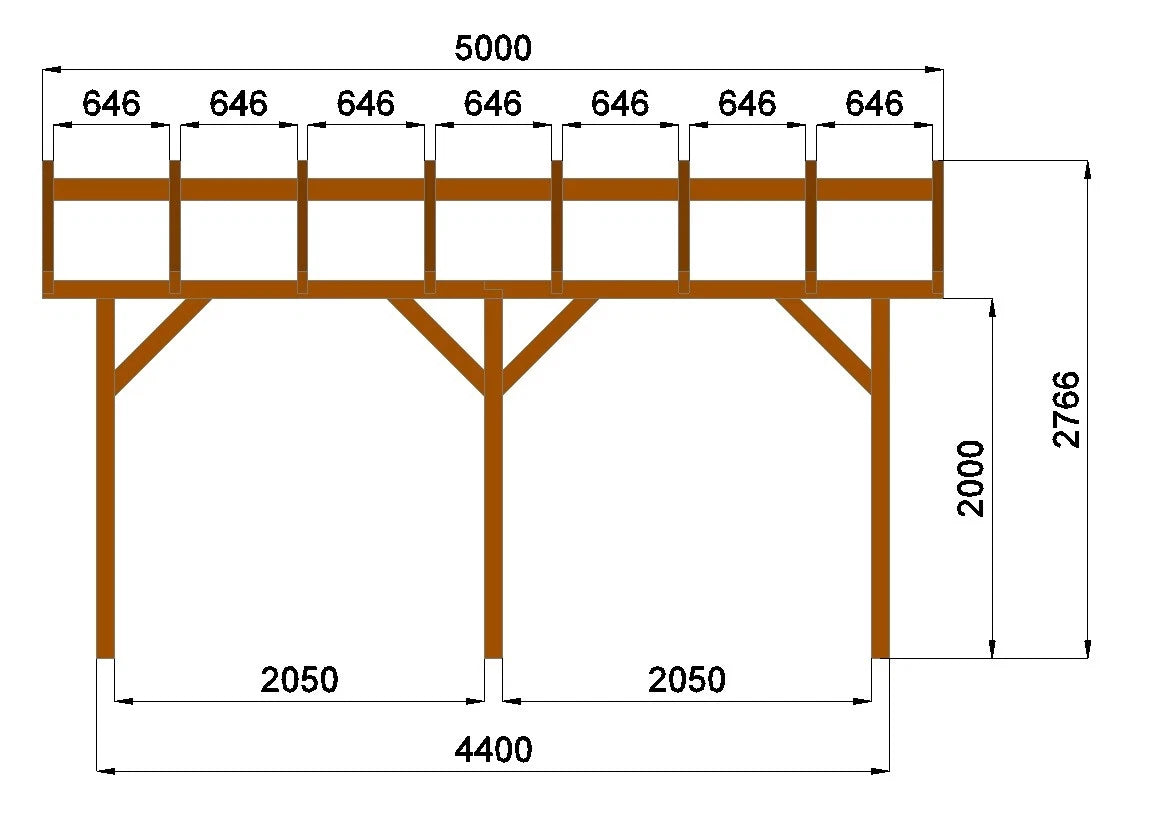 Terrassenüberdachung 5,00 × 3,50 m – Grundgestell aus KVH – Produktbild / technische Ansicht 5