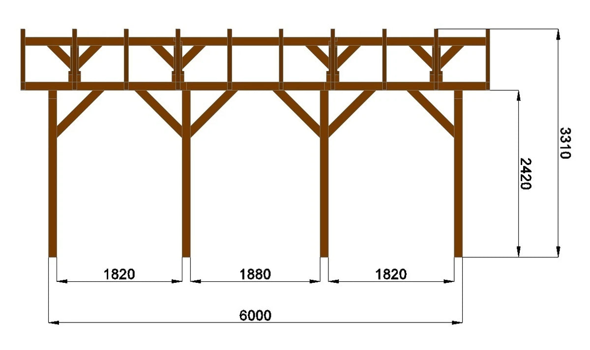 Verzapfter Holzcarport Satteldach 6,80 × 4,06 m – Grundgestell – Produktbild / technische Ansicht 7