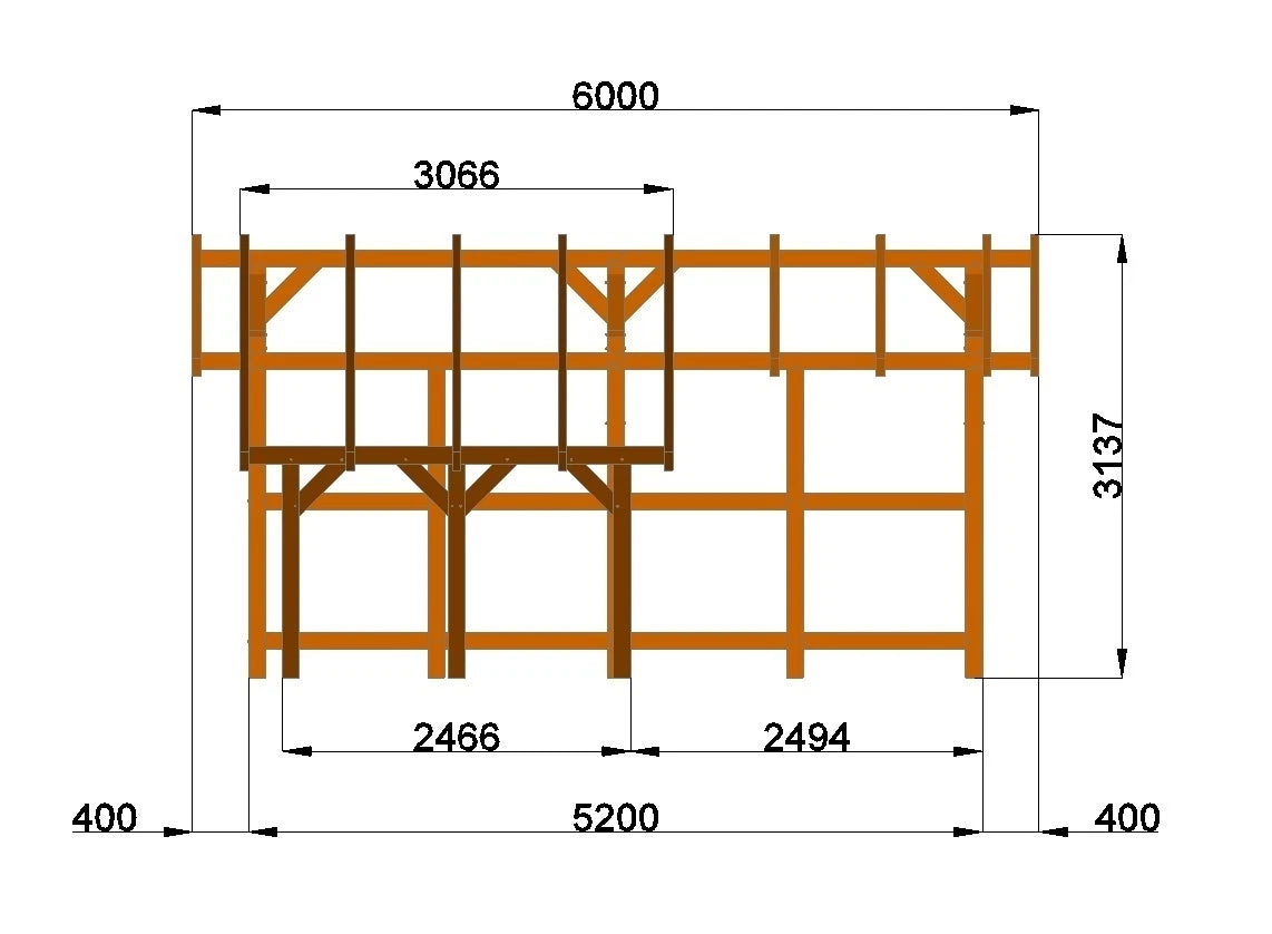 Verzapfter Carport mit Schleppdach 6,00 × 6,62 m – Grundgestell – Produktbild / technische Ansicht 7