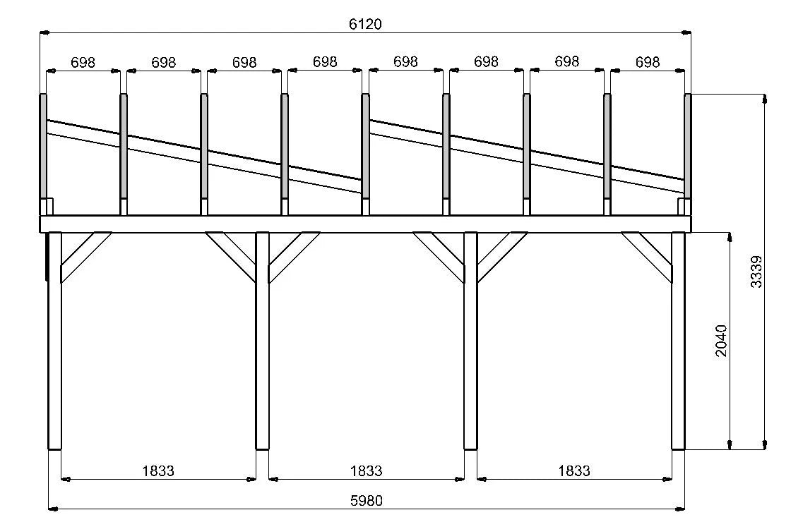 Holzcarport Bausatz 6,12 × 4,20 m – Grundgestell – Produktbild / technische Ansicht 5