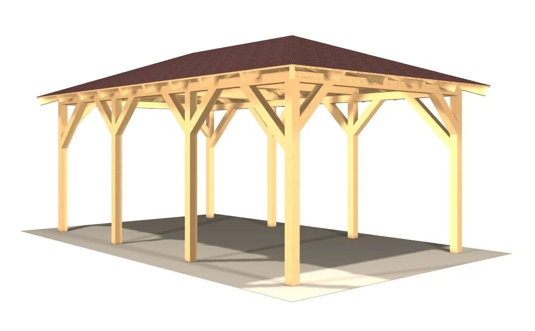 Verzapfter Holzcarport Walmdach 6,00 × 4,06 m – Grundgestell – Produktbild / technische Ansicht 2