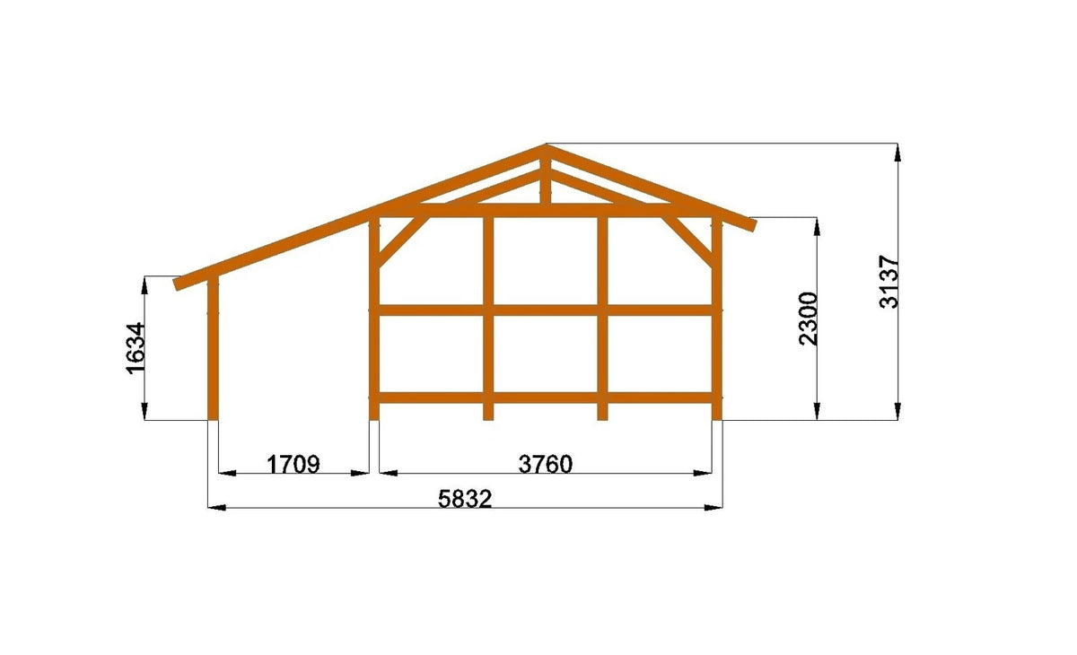 Verzapfter Carport mit Schleppdach 6,00 × 6,62 m – Grundgestell – Produktbild / technische Ansicht 6