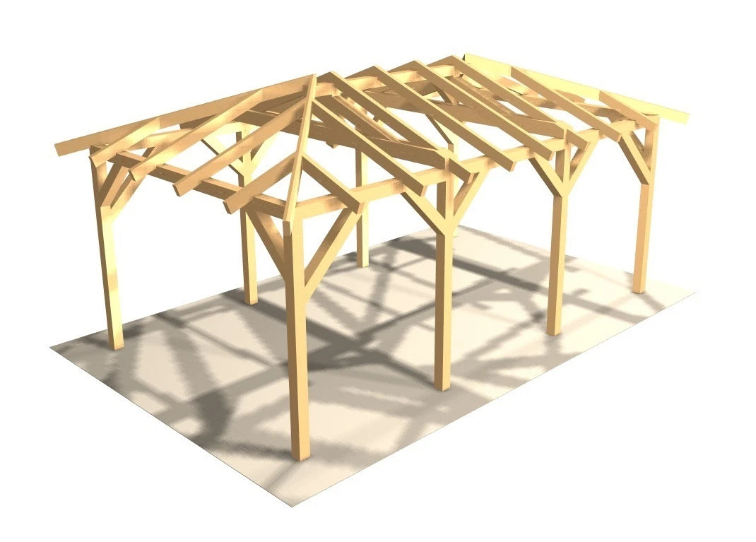 Verzapfter Holzcarport Walmdach 6,00 × 4,06 m – Grundgestell – Produktbild / technische Ansicht 3