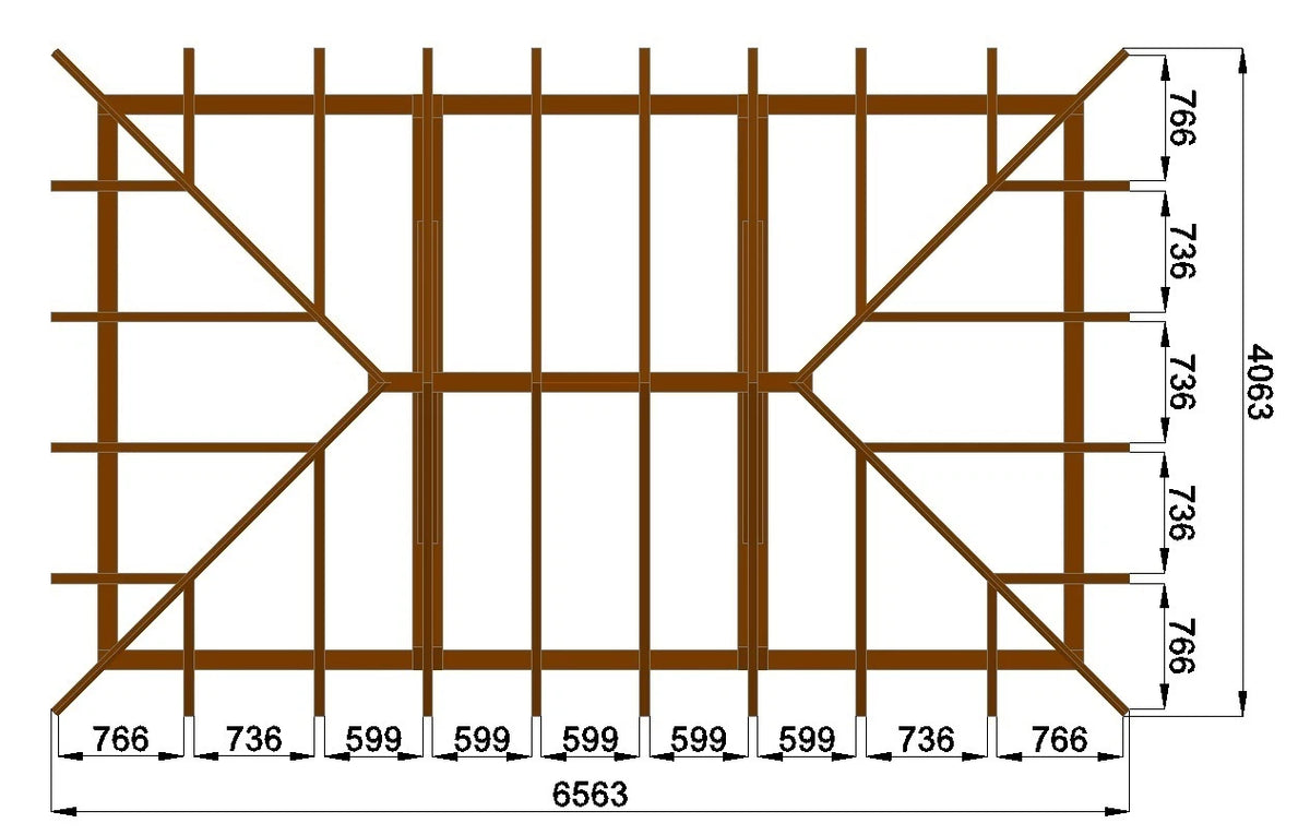 Verzapfter Holzcarport Walmdach 6,00 × 4,06 m – Grundgestell – Produktbild / technische Ansicht 6