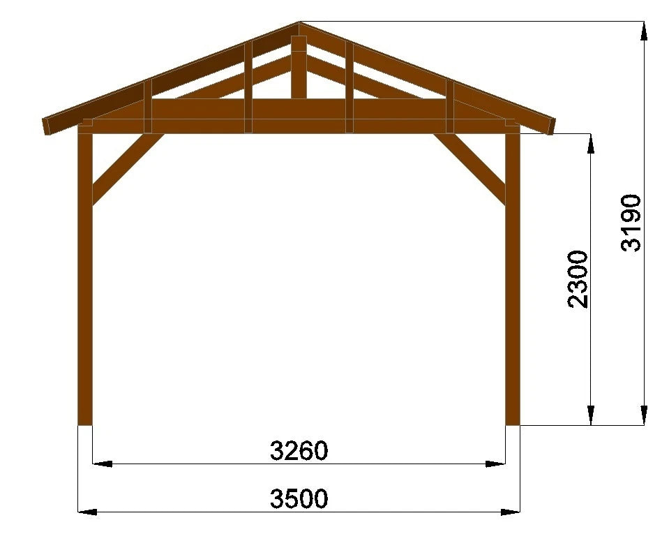 Verzapfter Holzcarport Walmdach 6,00 × 4,06 m – Grundgestell – Produktbild / technische Ansicht 8