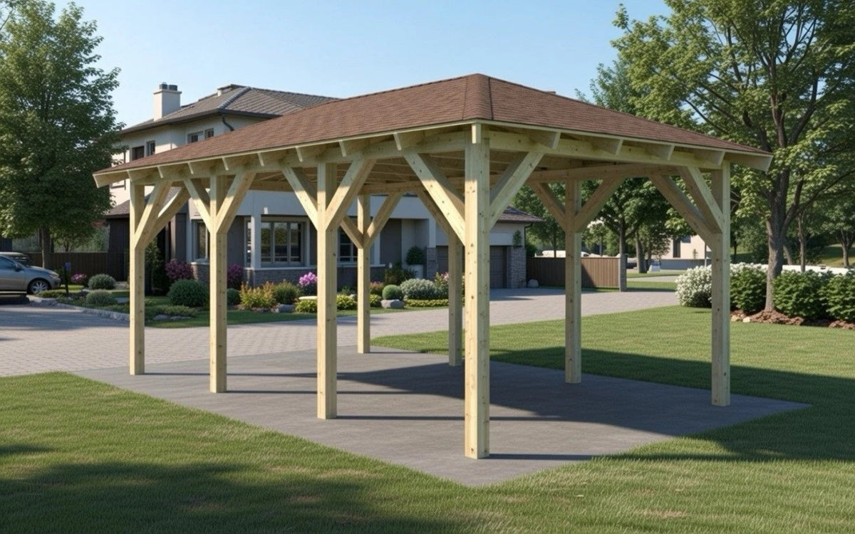 Verzapfter Holzcarport Walmdach 6,00 × 4,06 m – Grundgestell