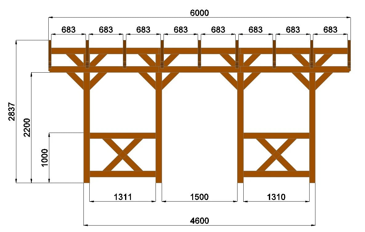 Verzapfte Terrassenüberdachung 6,00 × 3,96 m – Grundgestell – Produktbild / technische Ansicht 3